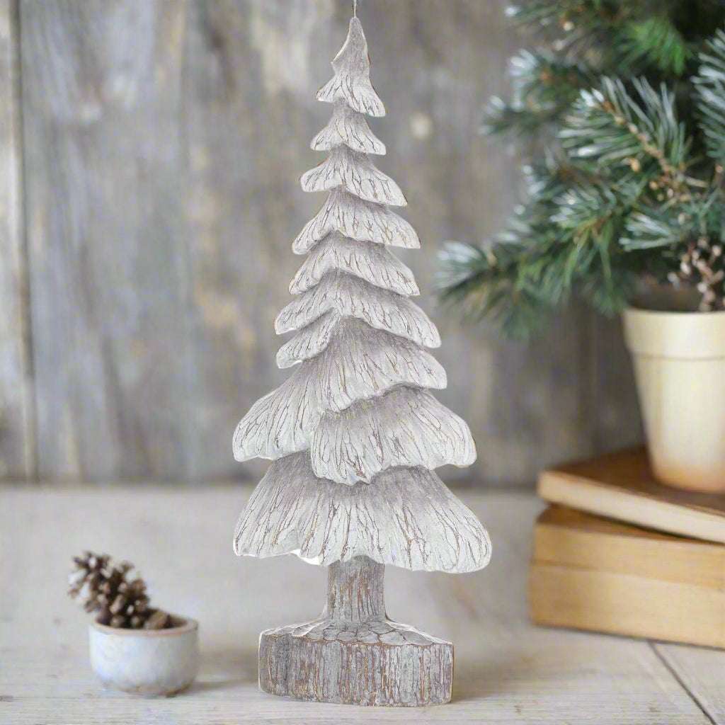 Carved Wood Effect Grey Small Snowy Tree GREY RESIN Shades 4 Seasons