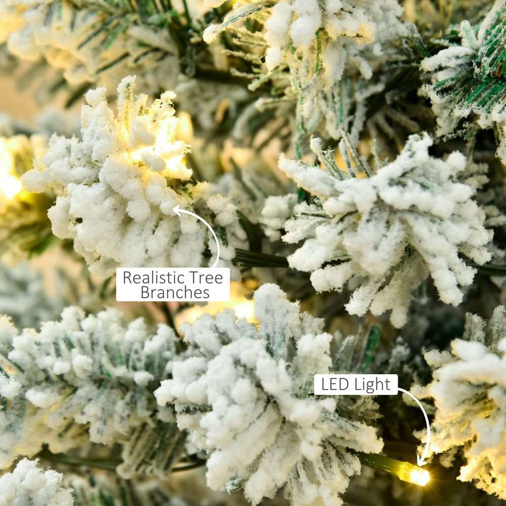 6 Feet Prelit Artificial Snow Flocked Christmas Tree Warm LED Light Green White HOMCOM