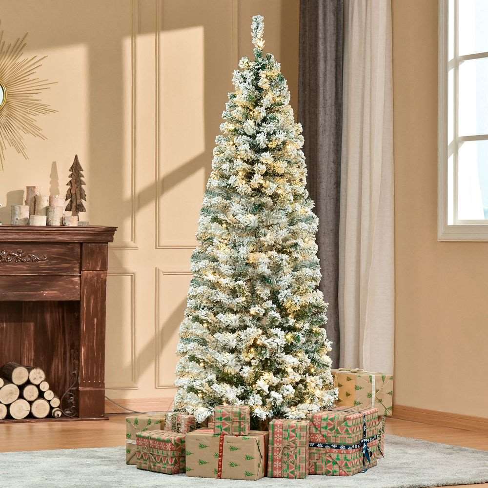 6 Feet Prelit Artificial Snow Flocked Christmas Tree Warm LED Light Green White HOMCOM