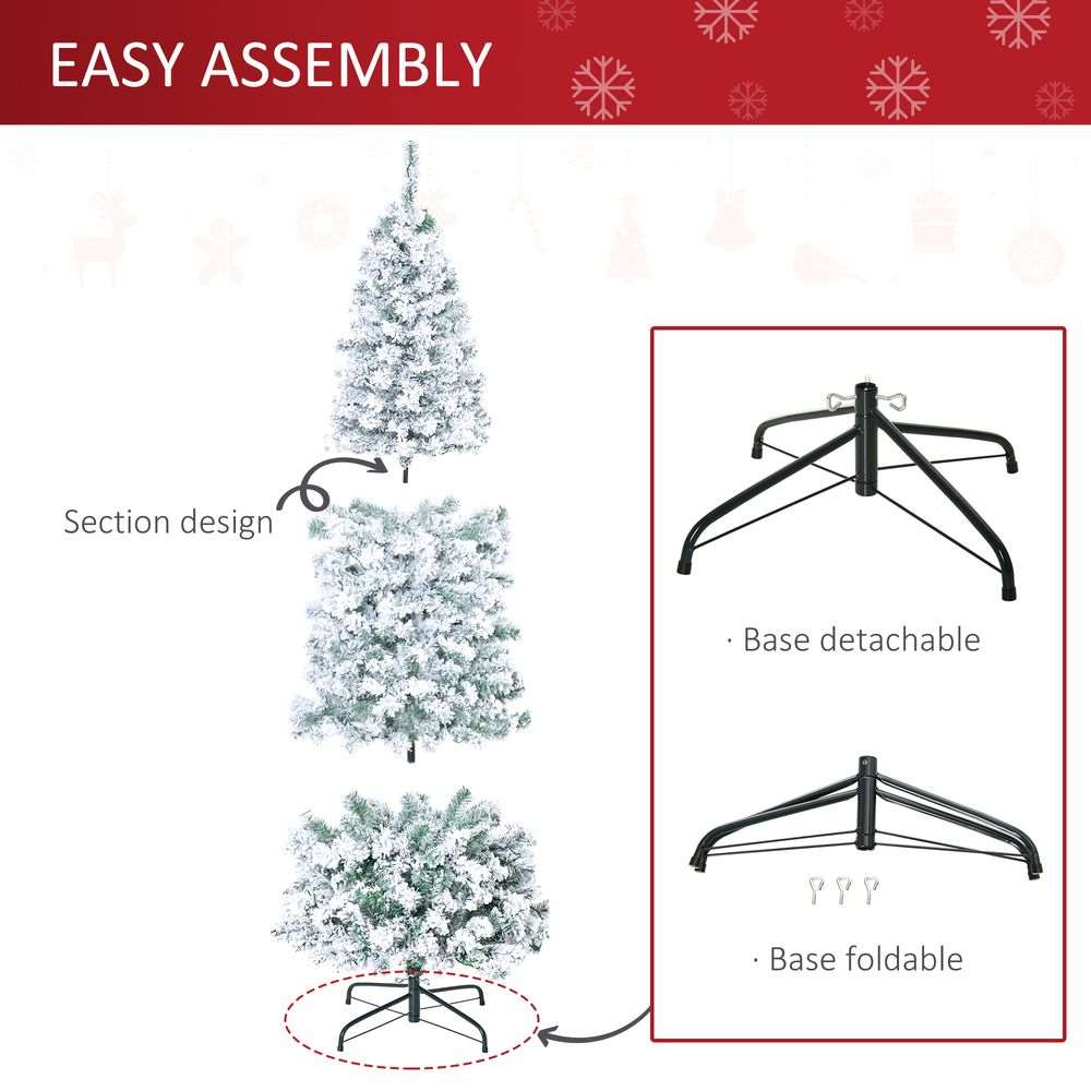 6 Feet Prelit Artificial Snow Flocked Christmas Tree Warm LED Light Green White HOMCOM