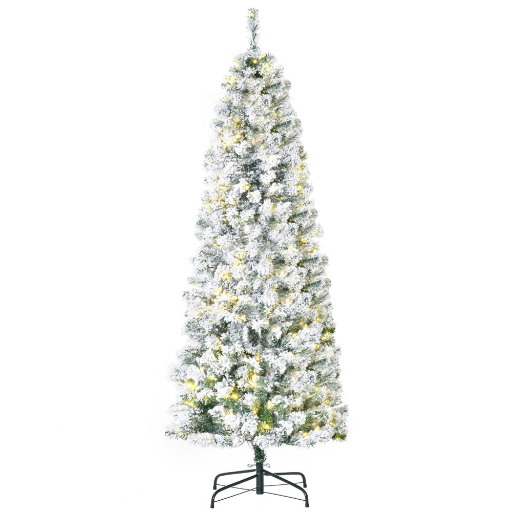 6 Feet Prelit Artificial Snow Flocked Christmas Tree Warm LED Light Green White HOMCOM