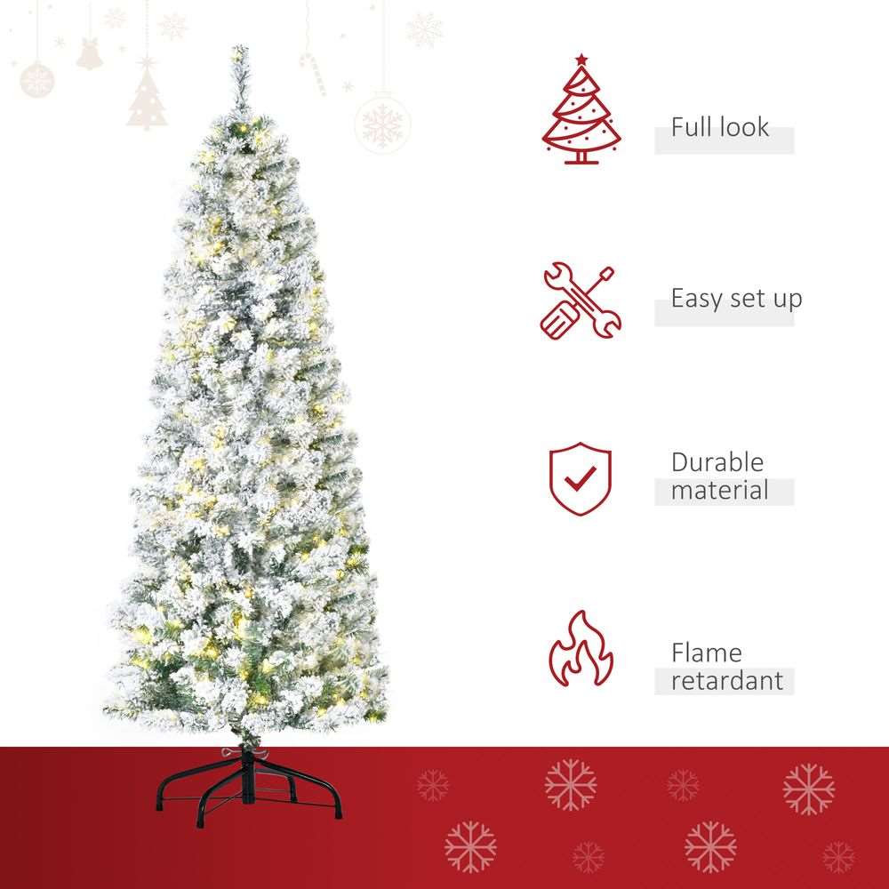 6 Feet Prelit Artificial Snow Flocked Christmas Tree Warm LED Light Green White HOMCOM