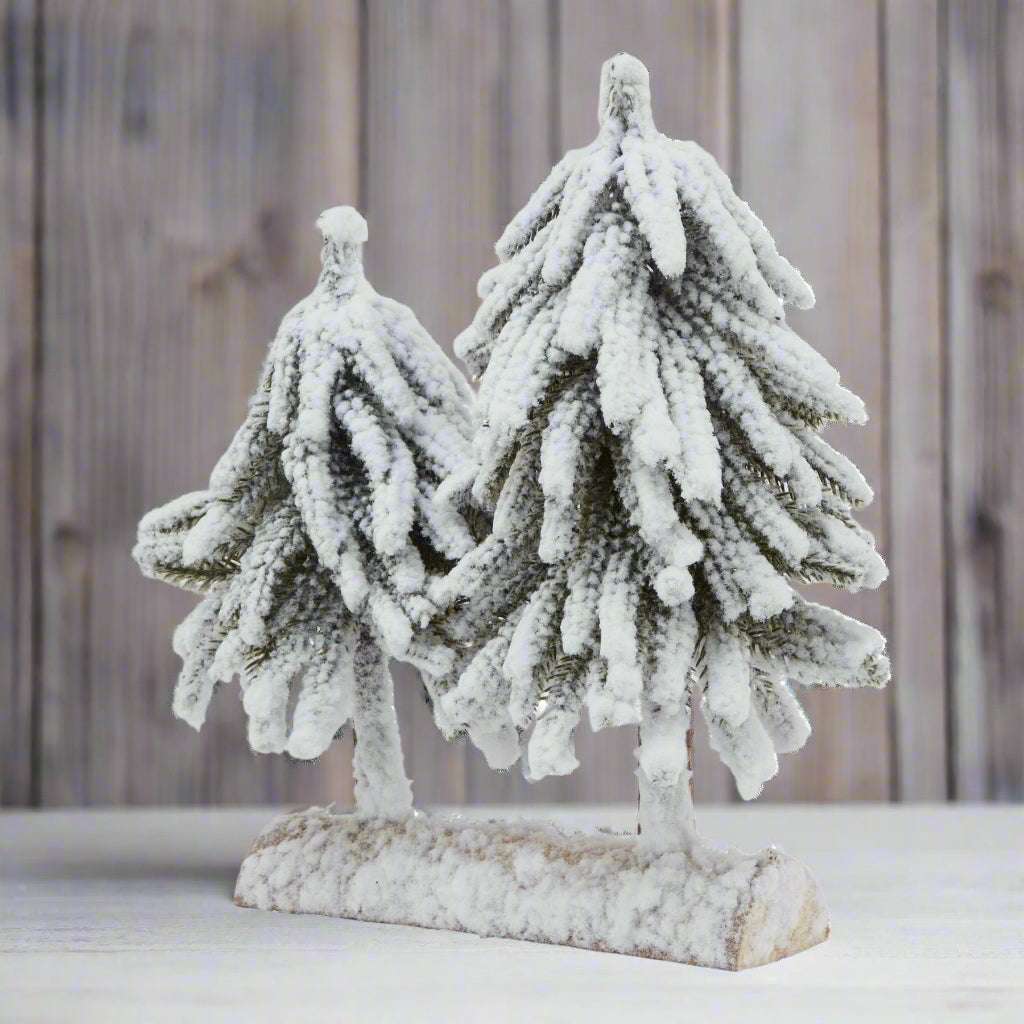 Small Snowy Fir Tree Duo On Wood Log BROWN PLASTIC Shades 4 Seasons