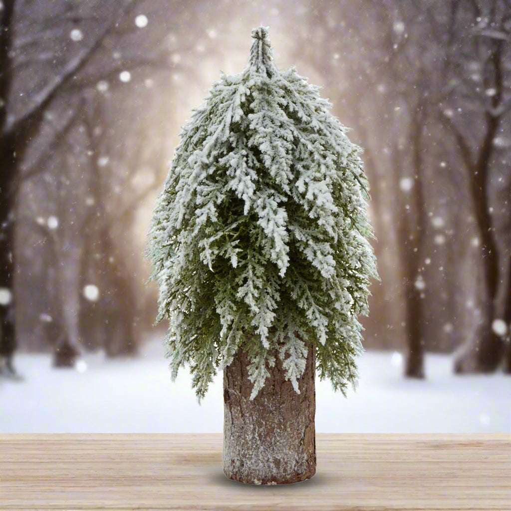 Small Snowy Fir Tree On Tall Wood Log BROWN PLASTIC Shades 4 Seasons