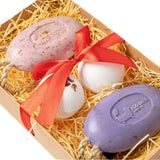 Eco Bath London Gift Box featuring Soap On A Rope and bath bombs in a decorative package