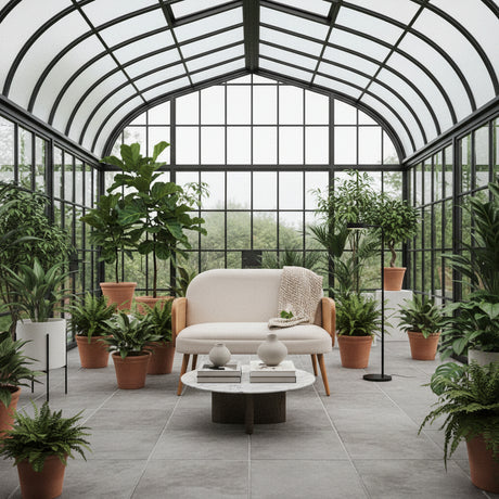 Stylish Orsina 2 Seater Sofa in a Modern Greenhouse Surrounded by Lush Plants
