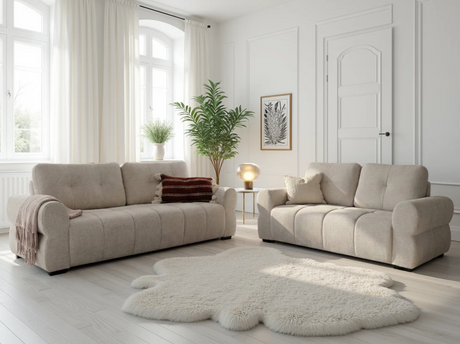 Stylish 3-Seater Sofa in a modern living room with large windows and soft decor