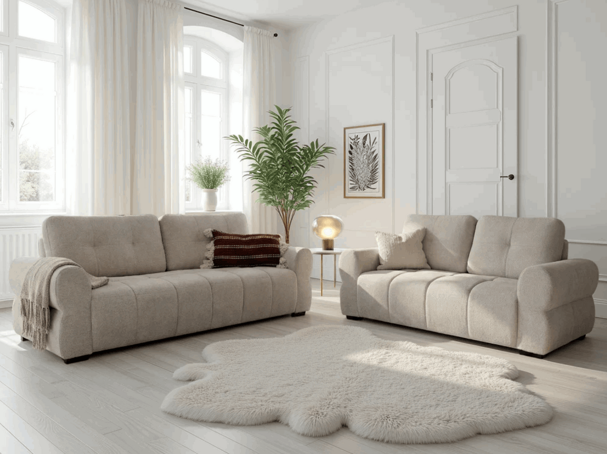 Stylish 3-Seater Sofa in a modern living room with large windows and soft decor