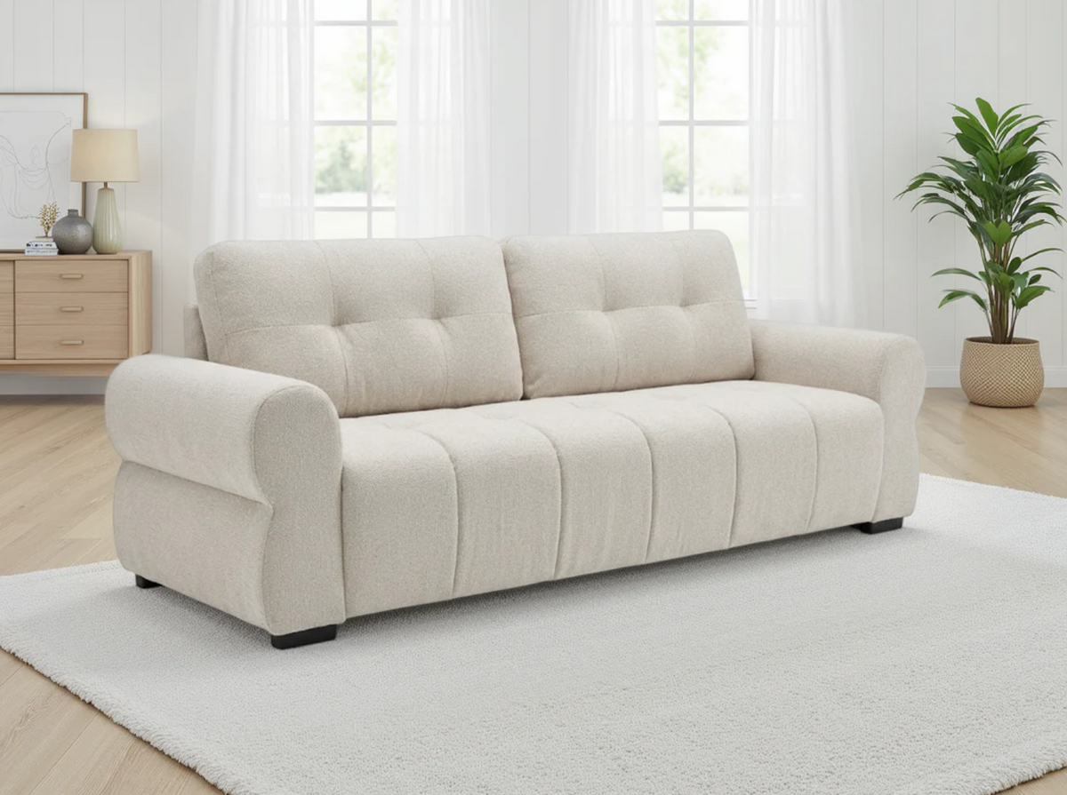 Stylish 3-Seater Sofa in Cream Fabric with Plush Cushions for Comfortable Seating