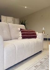 Cream 3-Seater Sofa with Soft Fabric and Decorative Cushion for Modern Living Rooms