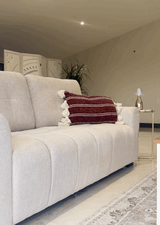 Cream 3-Seater Sofa with Soft Fabric and Decorative Cushion for Modern Living Rooms