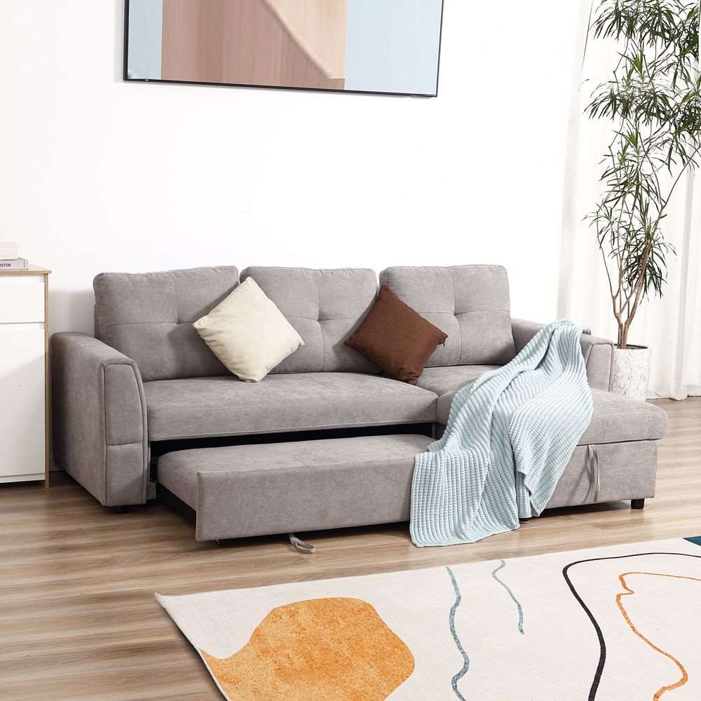 HOMCOM Linen-Look L-Shaped Sofa Bed With Storage Bed Sleeper Flat Studio Grey Unbranded