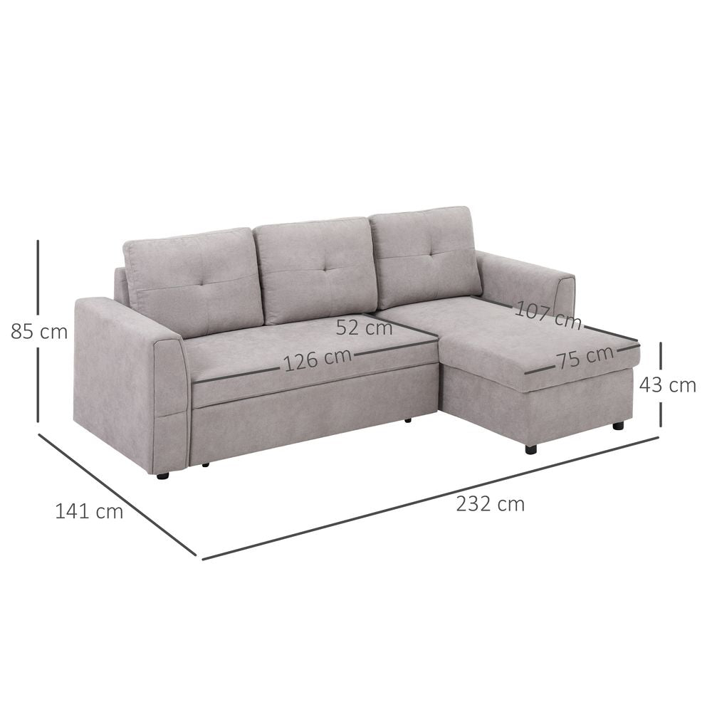 HOMCOM Linen-Look L-Shaped Sofa Bed With Storage Bed Sleeper Flat Studio Grey Unbranded