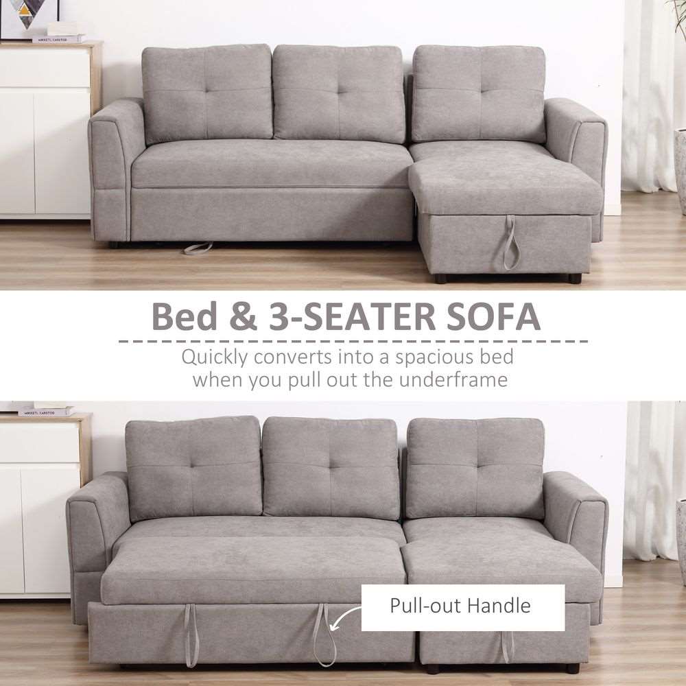 HOMCOM Linen-Look L-Shaped Sofa Bed With Storage Bed Sleeper Flat Studio Grey Unbranded