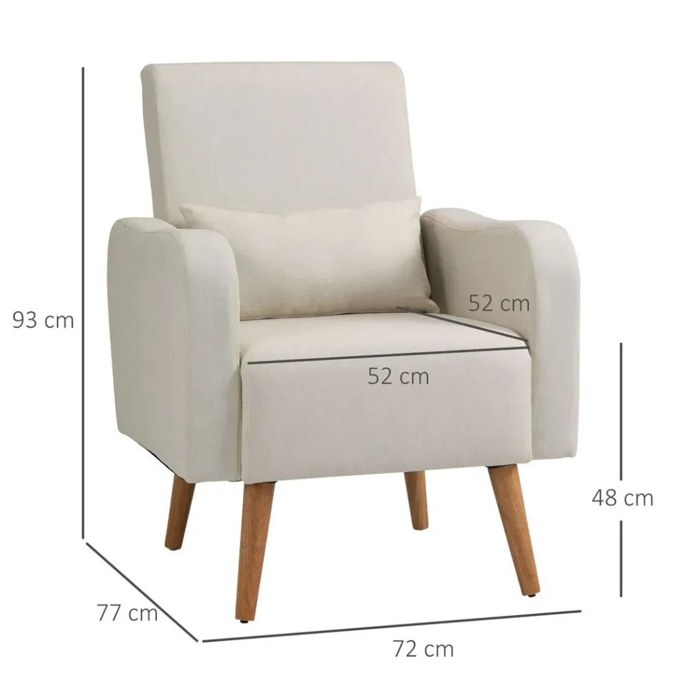 Nordic Armchair Linen-Touch Sofa Chair with Cushioned Pillow & Wood Legs Cream Unbranded