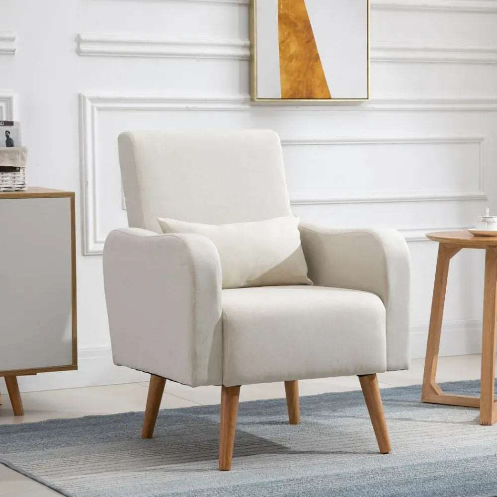Nordic Armchair Linen-Touch Sofa Chair with Cushioned Pillow & Wood Legs Cream Unbranded