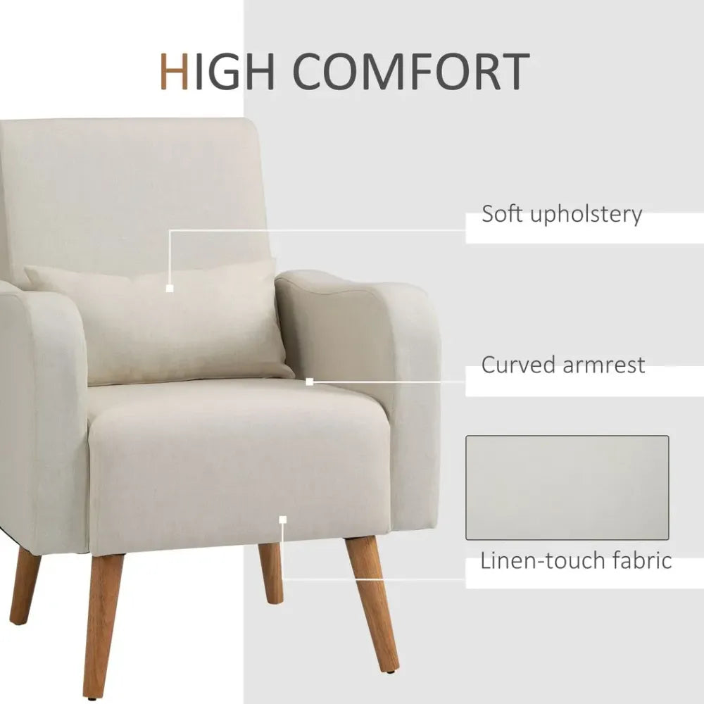 Nordic Armchair Linen-Touch Sofa Chair with Cushioned Pillow & Wood Legs Cream Unbranded