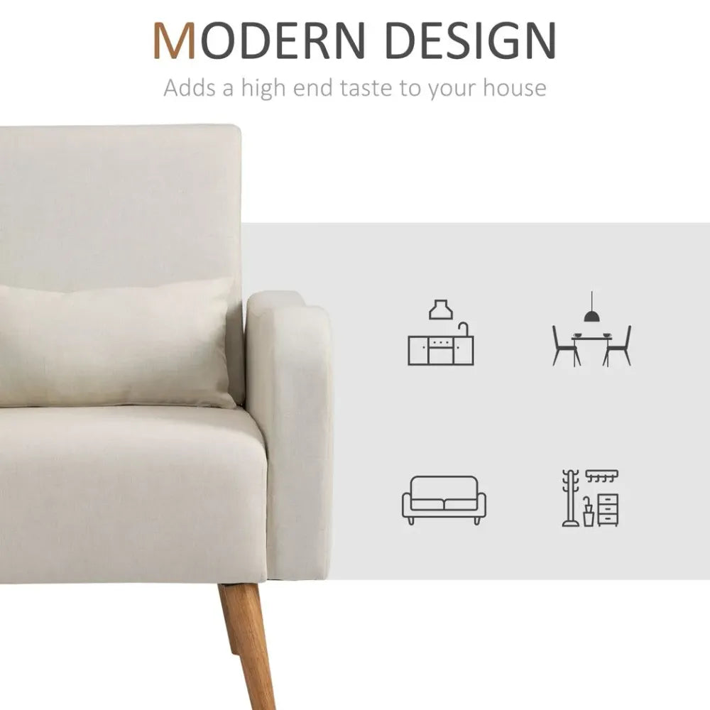 Nordic Armchair Linen-Touch Sofa Chair with Cushioned Pillow & Wood Legs Cream Unbranded