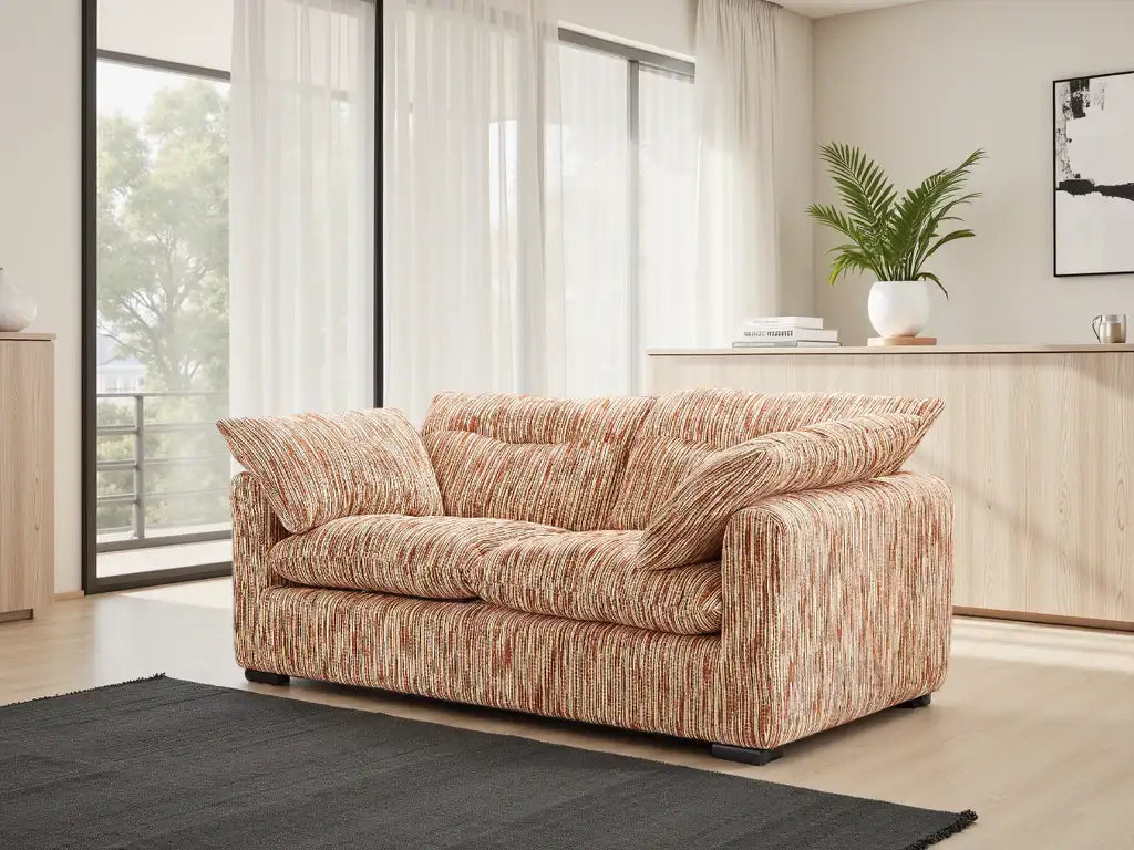 Stylish two-seater sofa in textured fabric with comfortable cushions for modern living rooms