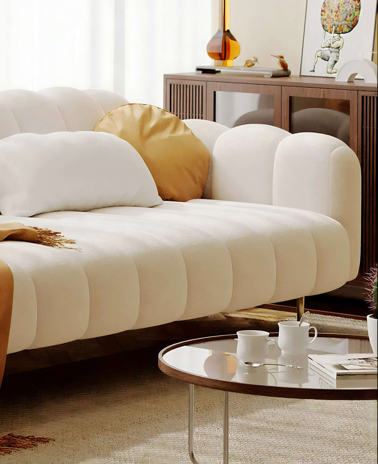Nisu Home Elegant Cream Sofa with Plush Cushions and Curved Design for Stylish Living Rooms