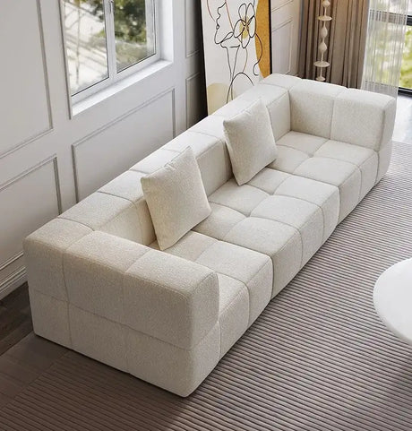 Contemporary Nisu Home Sofa in light fabric with square cushions for modern living rooms