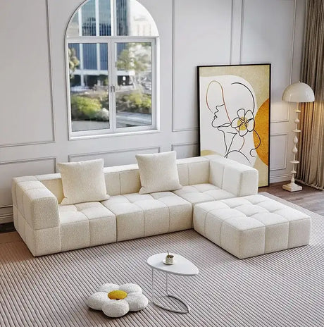 Modern Nisu Home Sofa in Cream Fabric with Plush Cushions and Contemporary Design