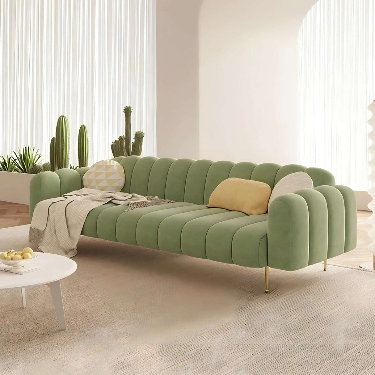 Stylish Nisu Home green sofa with plush cushions and curved design for modern living spaces