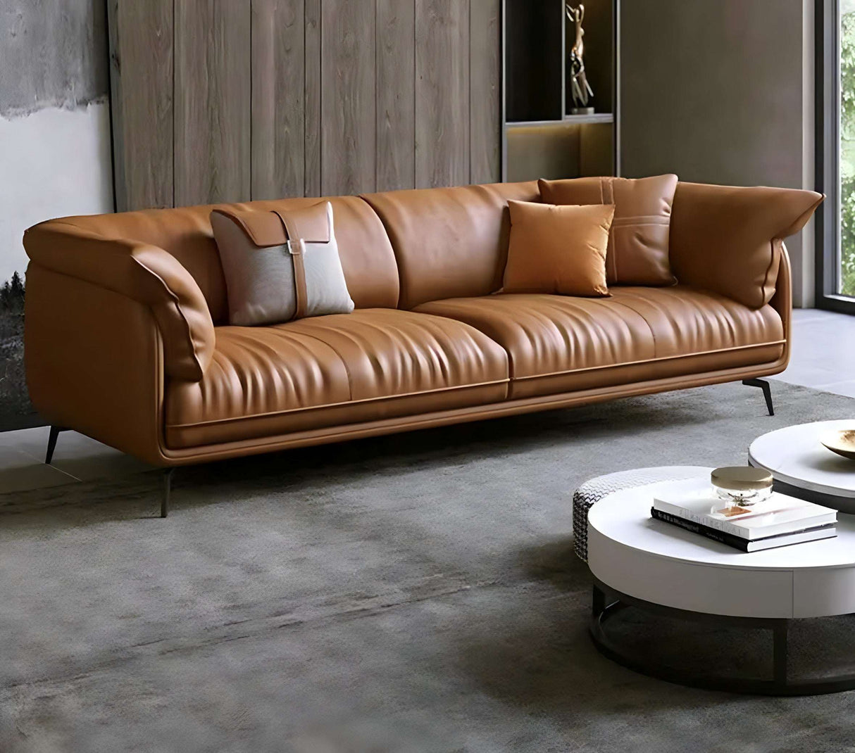 Nisu Home Leather Sofa in Tan with Plush Cushions and Modern Design for Stylish Living Rooms