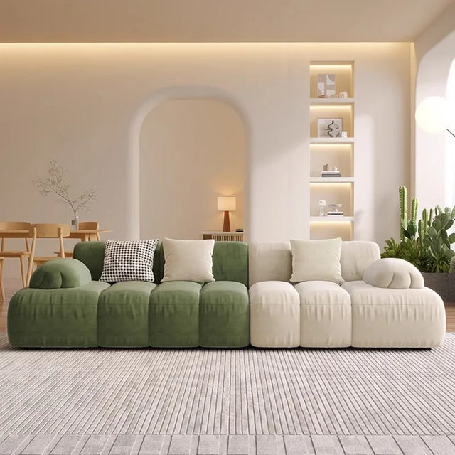 Nisu Home modern sofa in green and cream with plush cushions for stylish living spaces