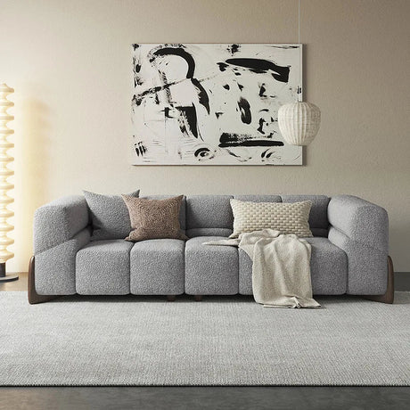 Modern Nisu Home Sofa in Grey Fabric with Curved Design and Decorative Cushions