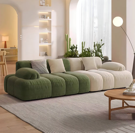 Modern Nisu Home Sofa in green and cream with plush cushions for stylish living rooms