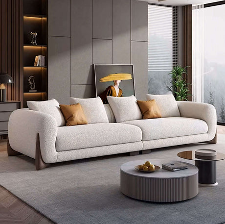 Nisu Home Contemporary Sofa in White Fabric with Wooden Accents and Cushions for Modern Living Rooms