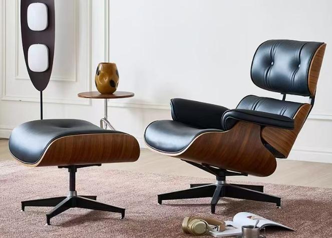 Eames Replica Black Leather Chair and Stool MSL