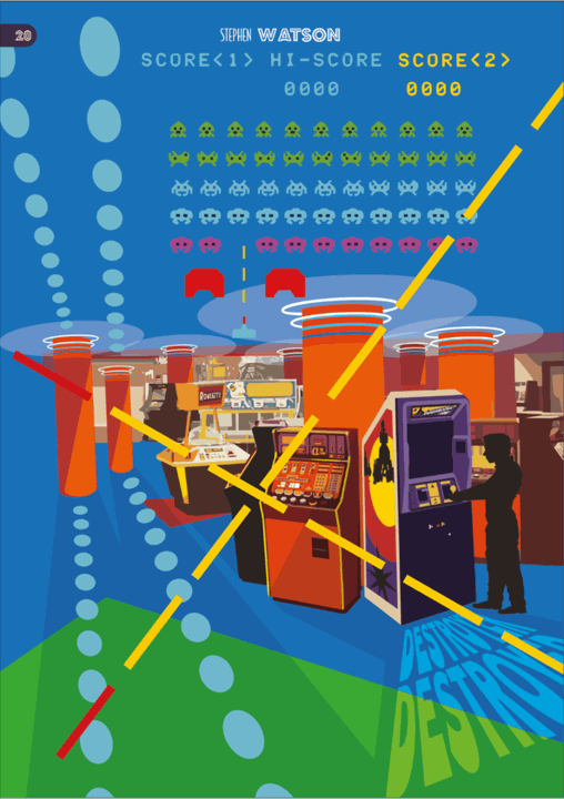 Colourful arcade scene featuring video game machines and vibrant graphics for Spanish City Slickers