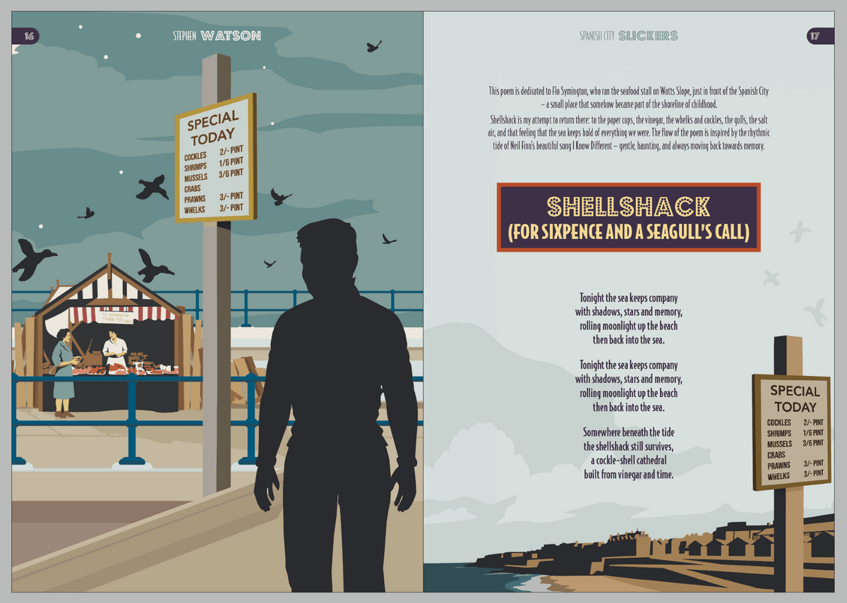 Artistic illustration featuring a figure at a seaside with a market stall, themed around Spanish City Slickers
