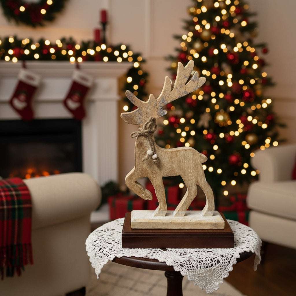 White Wash Collection Wooden Sparkle Reindeer Decoration BROWN WOOD Shades 4 Seasons