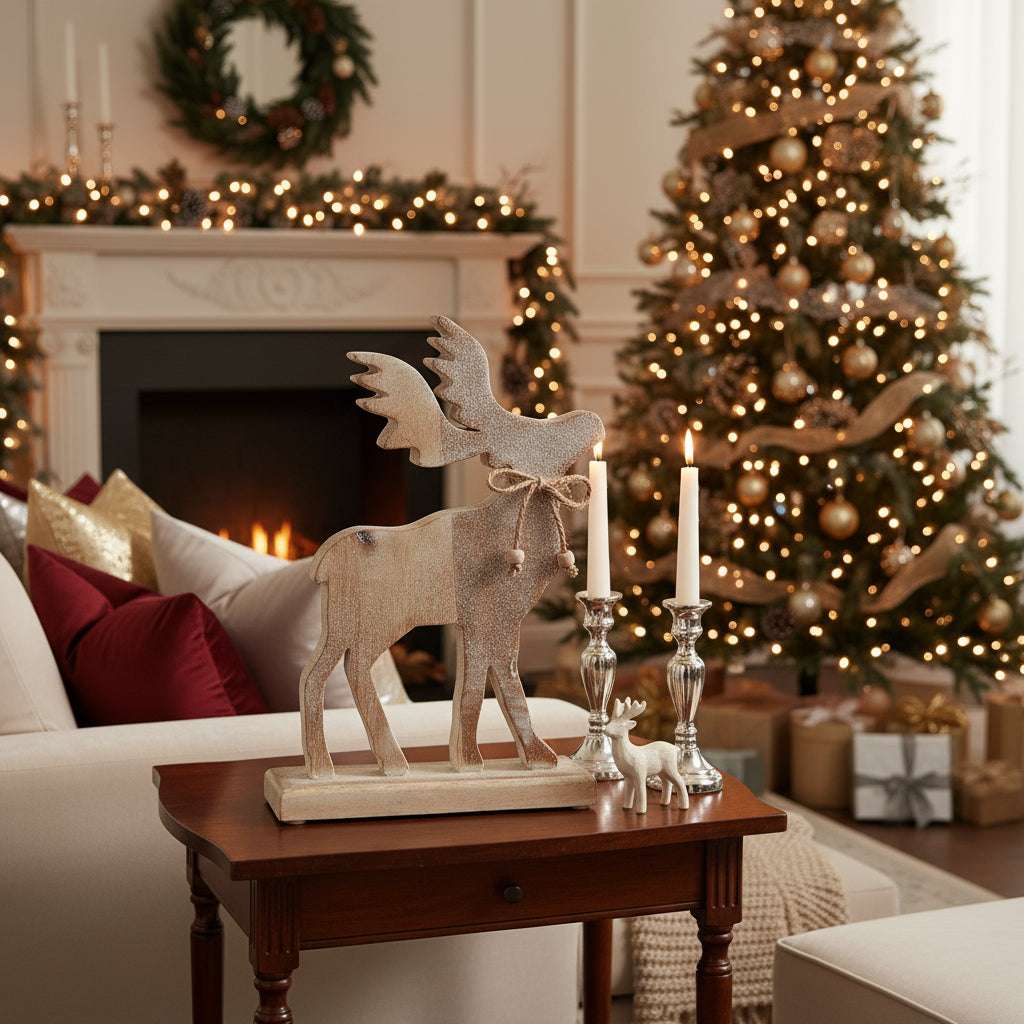 White Wash Collection Wooden Sparkle Stag Decoration BROWN WOOD Shades 4 Seasons