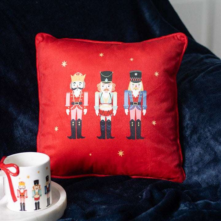 Festive Red Square Cushion with Nutcracker Design N/A