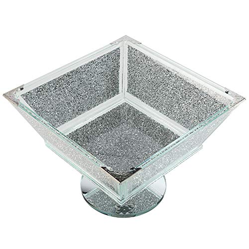 Elegant glass fruit bowl with a sparkling silver interior, perfect for home decor