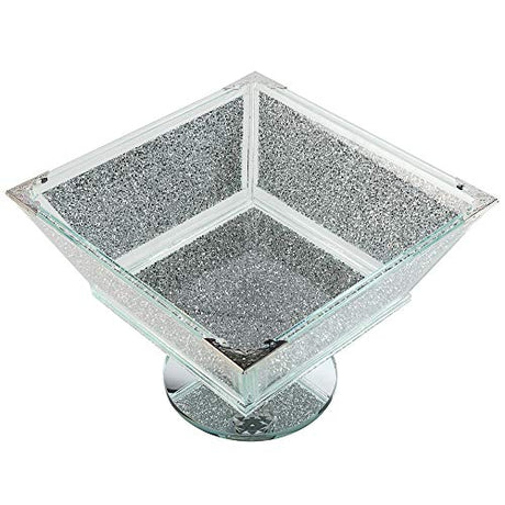 Elegant glass fruit bowl with a sparkling silver interior, perfect for home decor