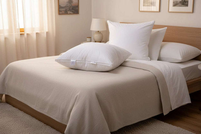 Square Pillow from PillowPillow on a neatly made bed with a beige coverlet