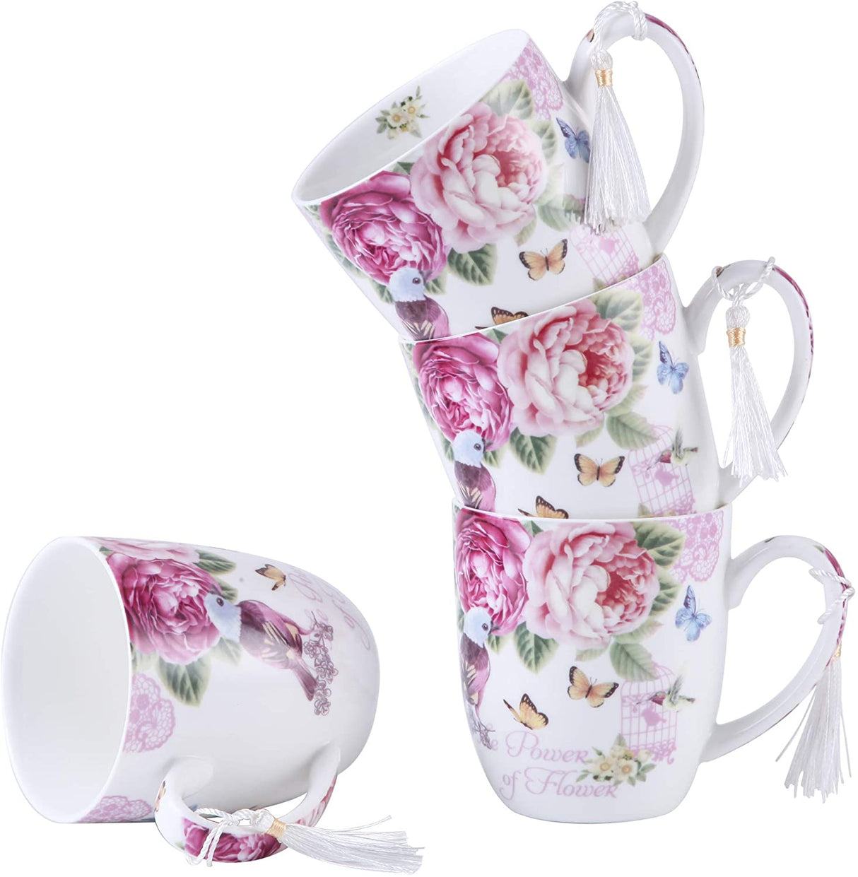 Elegant Mugs Set featuring floral designs and tassels ideal for tea and coffee lovers
