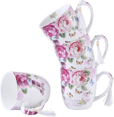 Elegant Mugs Set featuring floral designs and tassels ideal for tea and coffee lovers