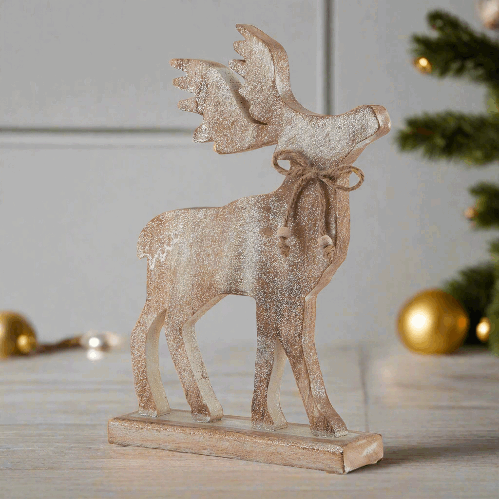 White Wash Collection Large Wooden Sparkle Stag Decoration Shades 4 Seasons