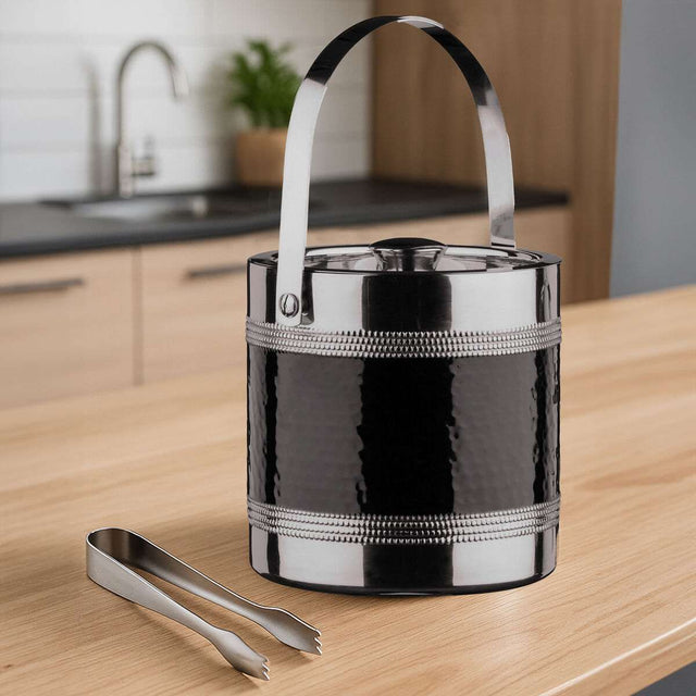 Orsina Ice Bucket in sleek black with chrome accents and included tongs for elegant chilling