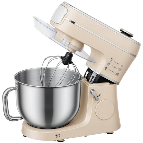 Wise Galleria Stand Mixer in beige with stainless steel bowl and whisk attachment for baking