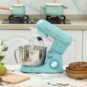 Wise Galleria Stand Mixer in teal with stainless steel bowl and whisk attachment on kitchen counter