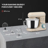 Wise Galleria Stand Mixer with stainless steel bowl and three attachments for versatile baking