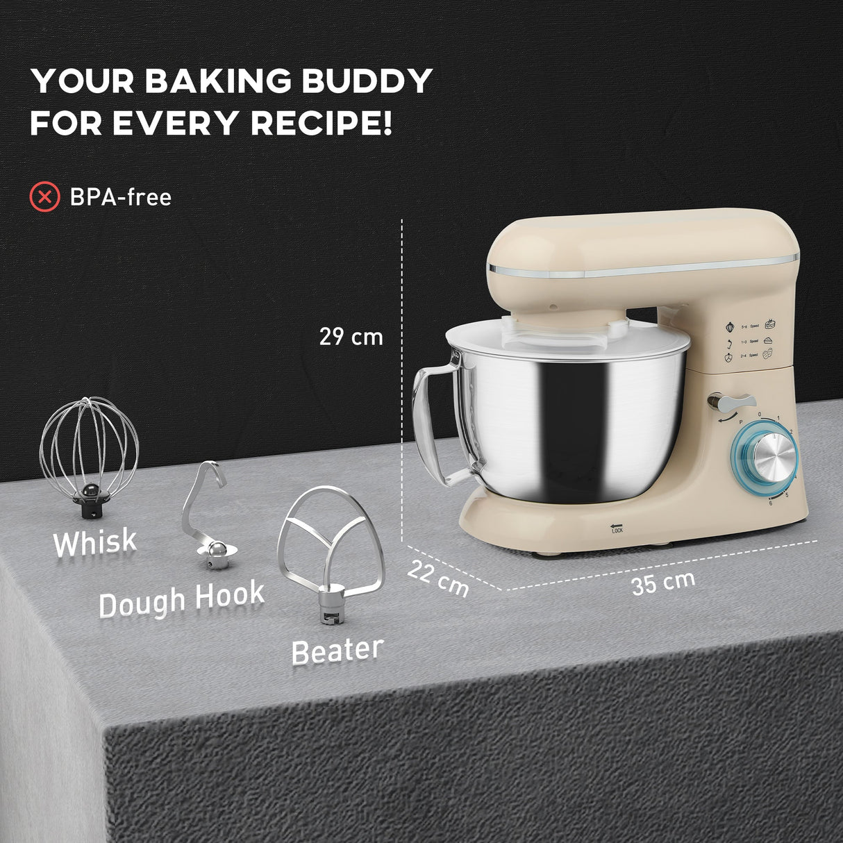 Wise Galleria Stand Mixer with stainless steel bowl and three attachments for versatile baking
