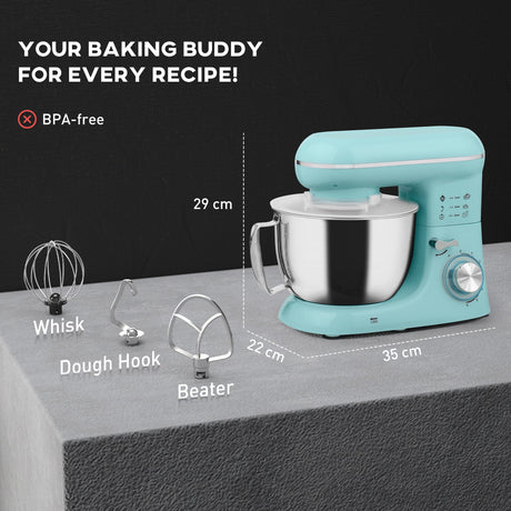 Wise Galleria Stand Mixer in pastel blue with whisk, dough hook, and beater for all baking needs